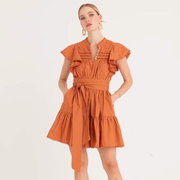 Secret Mission Bartolina Ruffled Cotton Crochet Flutter Sleeve Pocket Dress sz L - Picture 3 of 16